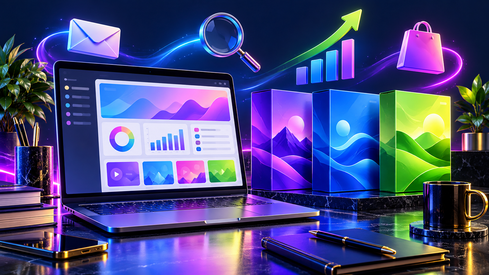 Colourful illustration of a potential marketing platform with a laptop and digital product boxes